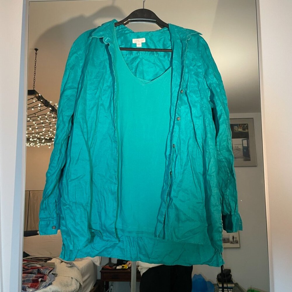 J Jill love linen Women's Jade Green Essential Shirt Button Up Long Sleeve